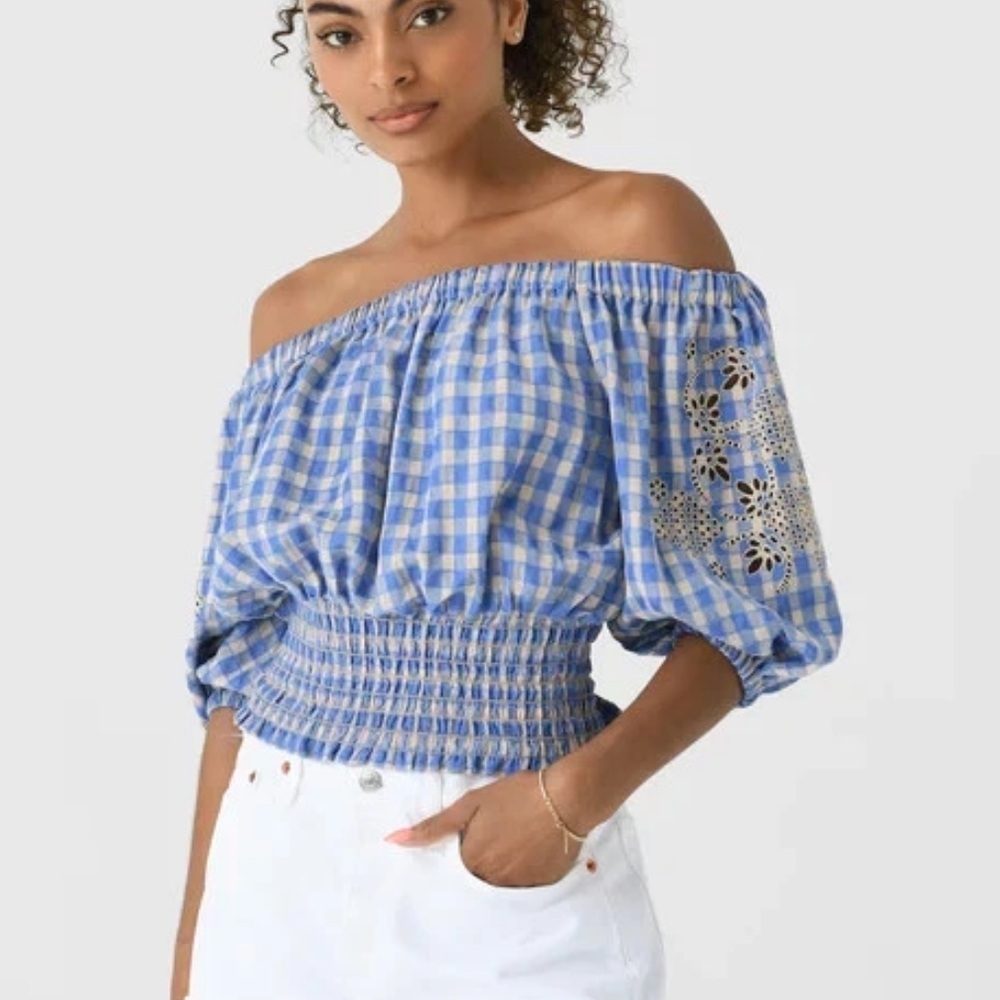 Lenu Mae Blue Gingham Eyelet Off Shoulder Top Small Summer Resortwear